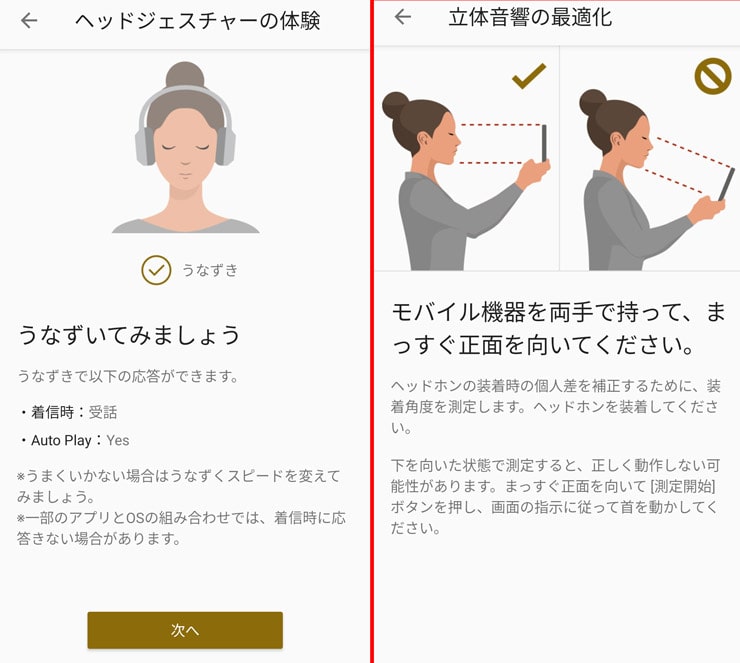 Headphones Connectのヘッドジェスチャー機能の設定画面